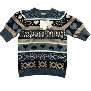 ICHI XS New w/Tags Short Sleeve Sweater IHEDEN Total‎ Eclipse Acrylic Blend